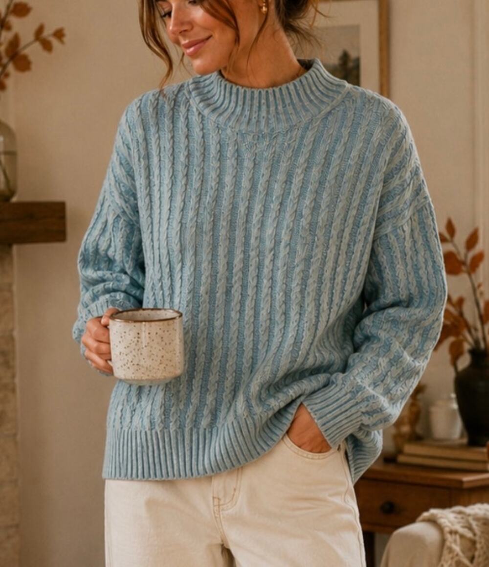 Anthropologie Lineamaglia Made in Italy Blue Cable Knit Mock Neck Sweater Large